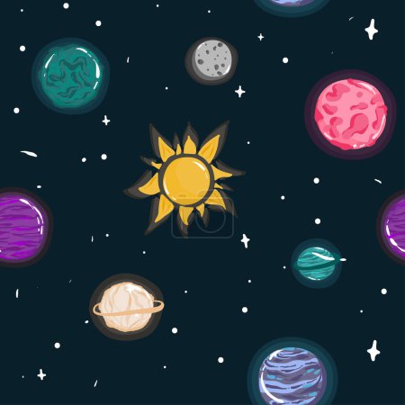 Illustration for Space Seamless Pattern with Planets and Stars. Doodle Cartoon Cute Saturn Planet. Space Vector Background for Kids. - Royalty Free Image