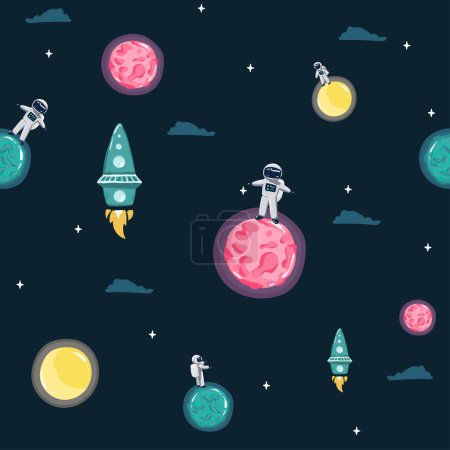 Téléchargez les illustrations : Space Seamless Pattern with Planets and Stars. Doodle Cartoon Cute Saturn Planet. Space Vector Background for Kids - en licence libre de droit