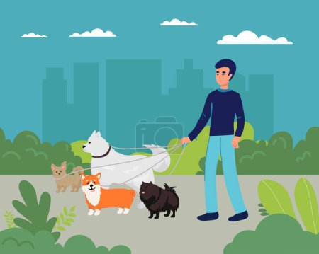 Illustration for Dog walking. Walks a lot of dogs down the street Dog walkers. Vector flat illustration. - Royalty Free Image
