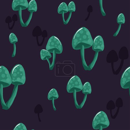 Ilustración de Diseño de patrón sin costuras de setas Amanita - lindos hongos rojos con puntos blancos sobre fondo verde. - Imagen libre de derechos
