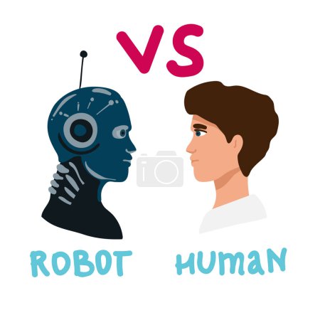 Ilustración de Vector cartoon style illustration of human aggressive businessman vs robot confrontation arm wrestling. Modern technology concept. - Imagen libre de derechos