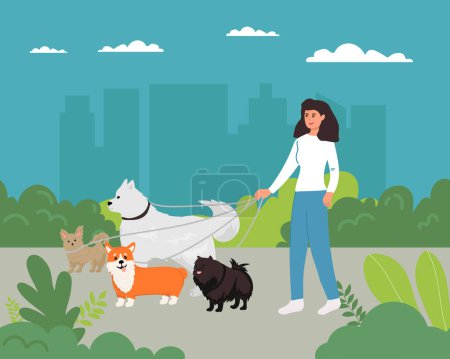Illustration for Dog walking. Walks a lot of dogs down the street Dog walkers. Vector flat illustration - Royalty Free Image