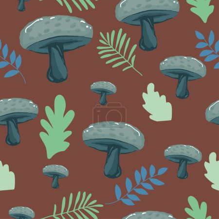 Téléchargez les illustrations : Mushroom seamless pattern design - cute mushrooms with white dots on green background, Colorful background for printing brochure, poster, card, print, textile,magazines, sport wear. geometric Modern trendy design - en licence libre de droit