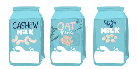 Illustration for Set of different vegetable milk - almond, rice, coconut, soybeans. Vegan, vegetarian product for cooking food and drink - Royalty Free Image
