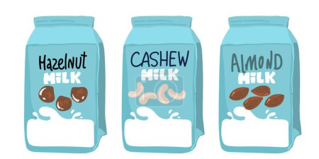 Illustration for Set of different vegetable milk - almond, rice, coconut, soybeans. Vegan, vegetarian product for cooking food and drink - Royalty Free Image