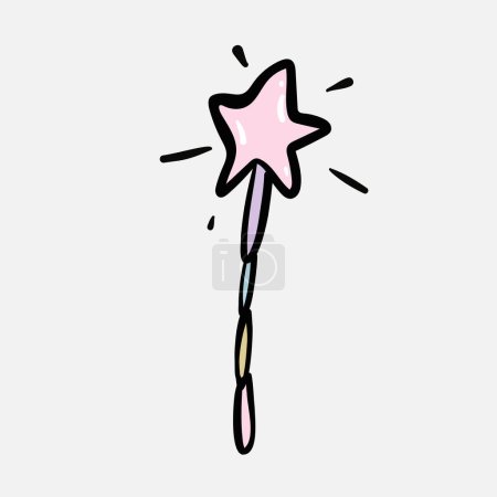 Téléchargez les illustrations : Baguette magique en forme d'étoile rose avec des étincelles brillantes. Baguette magique, bâton, gribouillis illustration vectorielle dessinée à la main, isolé
. - en licence libre de droit