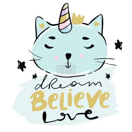 Illustration for Catcorn. Lovely cartoon cat unicorn face and lettering text on white background. Cute vector for clothing print and children t-shirt for girl - Royalty Free Image