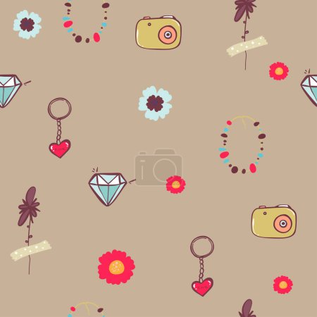 Illustration for Hand drawn seamless graphic pink pattern of girl stuff woman things fashion vector object. Lady accessories background, - Royalty Free Image