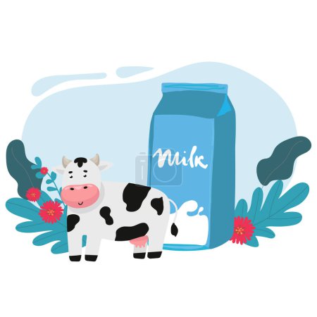 Téléchargez les illustrations : Définir le modèle mignon de publicité de lait de produit laitier pour l'affichage du produit. Modélisation du pack de lait sur une île agricole entourée d'éclaboussures blanches. - en licence libre de droit