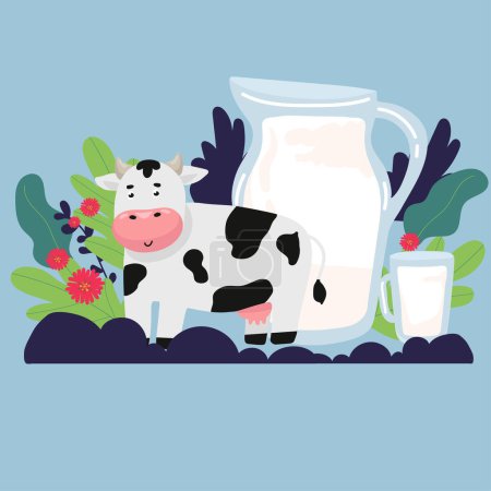 Téléchargez les illustrations : Ensemble produit laitier mignon avec dessin à la main de vache. - en licence libre de droit