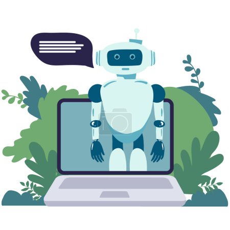 Illustration for Robot online assistance and machine learning. Flat vector illustration of futuristic robot working with laptop for coding or developing project. Chatbot texting and supporting customers in live chat. - Royalty Free Image