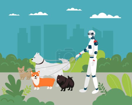 Illustration for Alien robots, future technology cartoon characters. Robotic life forms, futuristic machines or cyborgs Walking the dogs vector - Royalty Free Image