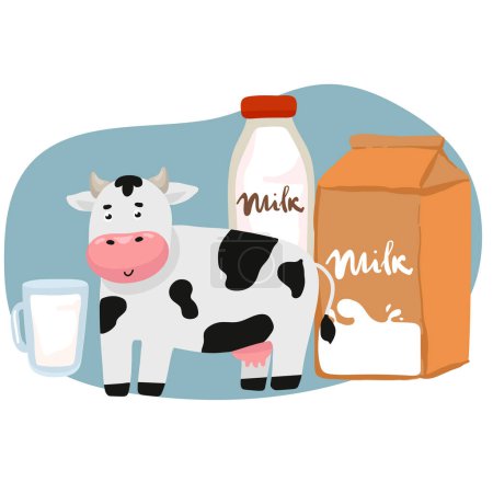 Téléchargez les illustrations : Modèle d'annonce de lait pour l'affichage du produit. Modélisation du pack de lait sur une île agricole entourée d'éclaboussures blanches - en licence libre de droit