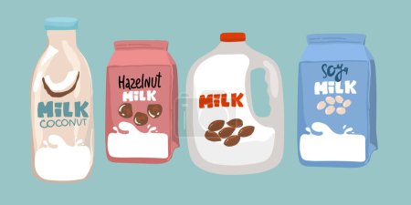 Illustration for Set of different vegetable milk - almond, rice, coconut, soybeans. Vegan, vegetarian product for cooking food and drink. - Royalty Free Image