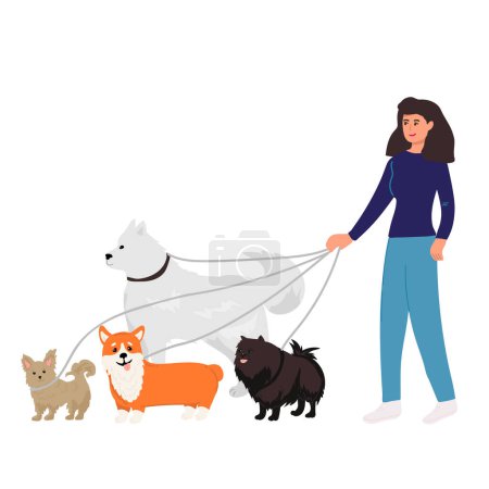 Illustration for Dog sitter composition with outdoor landscape and doodle male character walking three dogs with cityscape background vector illustration - Royalty Free Image