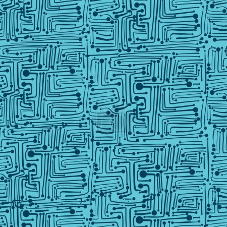 Ilustración de Patrón de placa de circuito impreso inconsútil verde, dibujo a mano azul. - Imagen libre de derechos