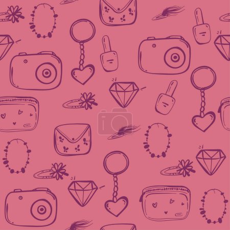 Illustration for Hand drawn seamless graphic pink pattern of girl stuff woman things fashion vector object. Lady accessories background. - Royalty Free Image