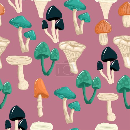 Illustration for Mushroom seamless pattern design - cute mushrooms with white dots on green background, Colorful background for printing brochure, poster, card, print, textile,magazines, sport wear. geometric Modern - Royalty Free Image