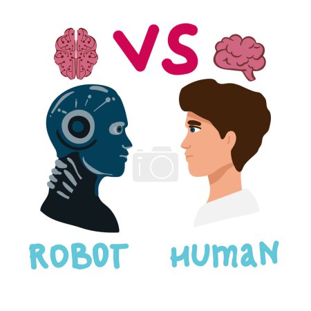 Illustration for Vector cartoon Human businessman office manager man vs robot artificial intelligence pulling rope competition. Near future battle., - Royalty Free Image