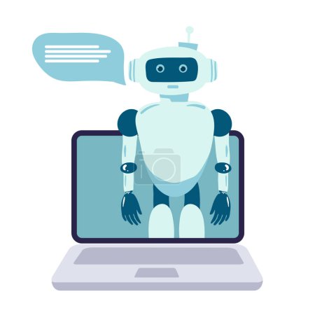Illustration for Robot online assistance and machine learning. Flat vector illustration of futuristic robot working with laptop for coding or developing project. Chatbot texting and supporting customers in live chat - Royalty Free Image