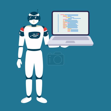 Ilustración de Robot asistencia en línea y aprendizaje automático. Ilustración vectorial plana de robot futurista que trabaja con portátil para la codificación o el desarrollo de proyectos. Chatbot mensajes de texto y apoyo a los clientes en chat en vivo - Imagen libre de derechos