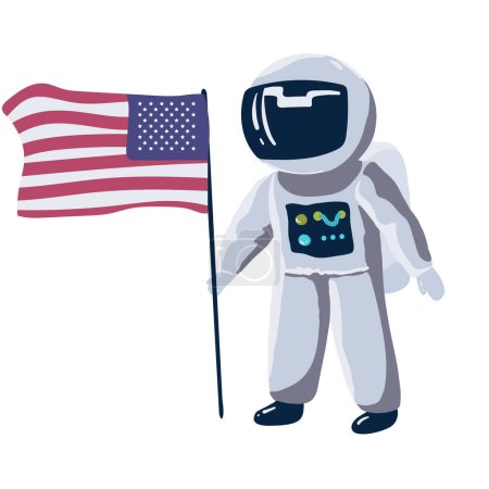 Ilustración de Cute little astronaut stand on the moon with USA flag.Space mission. Childish vector illustration, - Imagen libre de derechos