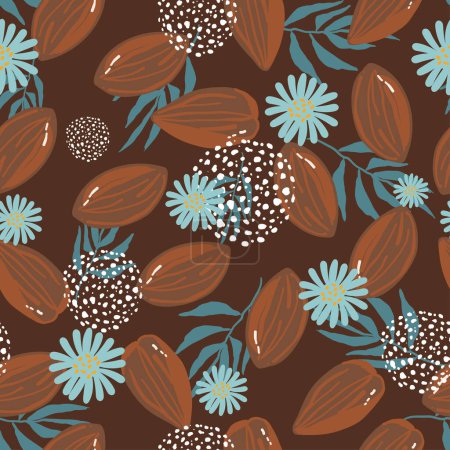 Illustration for Almonds seamless brown pattern vector illustration. hand drawing. - Royalty Free Image