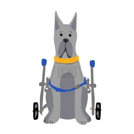 Illustration for Dog in a wheelchair for the hind paws. Vector illustration in a flat style, - Royalty Free Image