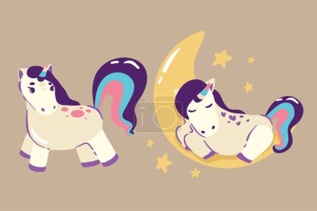 Ilustración de Conjunto de lindos unicornios de dibujos animados aislados sobre un fondo blanco - Imagen libre de derechos