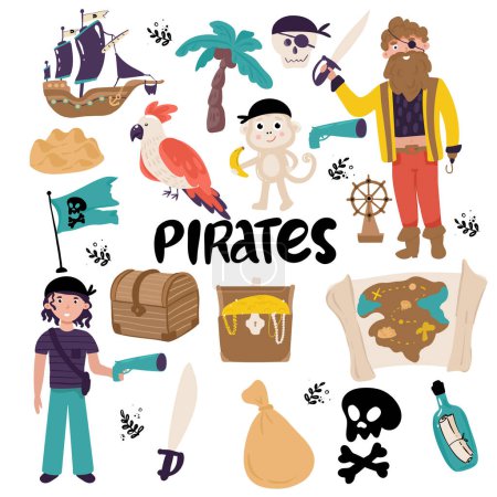Illustration for Collection of adorable pirates, sail ship, sea fish and underwater creatures, treasure chest, lighthouse isolated on white background. Childish vector illustration in flat cartoon style - Royalty Free Image