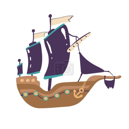 Ilustración de Barco pirata con bandera y velas negras con cráneo. Ilustración vectorial plana - Imagen libre de derechos