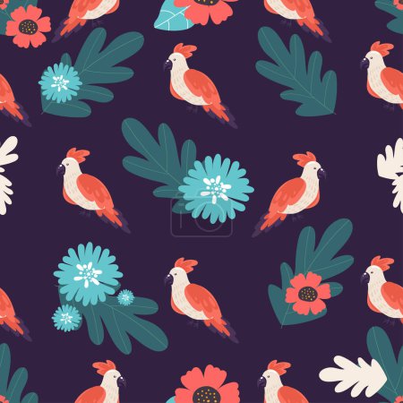Illustration for Tropical pattern with parrots and tropical leaves. Vector seamless texture. Trendy Illustration - Royalty Free Image