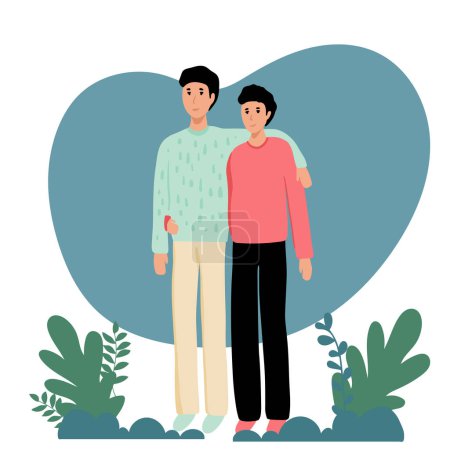 Illustration for Homosexual couple. Vector illustration of two young men embrace each other. Gay couple in love looking on each other. Gay couple in love. Isolated on white background. - Royalty Free Image