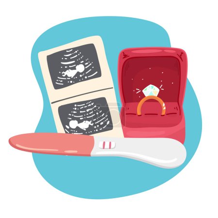 Illustration for A positive pregnancy test result, a photo of a baby on an ultrasound scan, a large belly of a pregnant woman. Cartoon. Vector. - Royalty Free Image