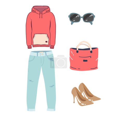 Illustration for Vector hand-drawn collage of womens clothing and accessories isolated on a white background. An outfit in a casual and elegant feminine style. Hoodie jeans, - Royalty Free Image
