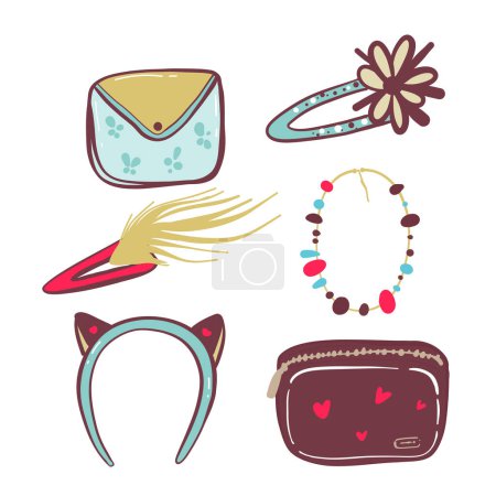 Illustration for Cute girl s elements background. Wallet Diamond, hair, flower, varnish, clip, cosmetic, bag hair hoop - Royalty Free Image