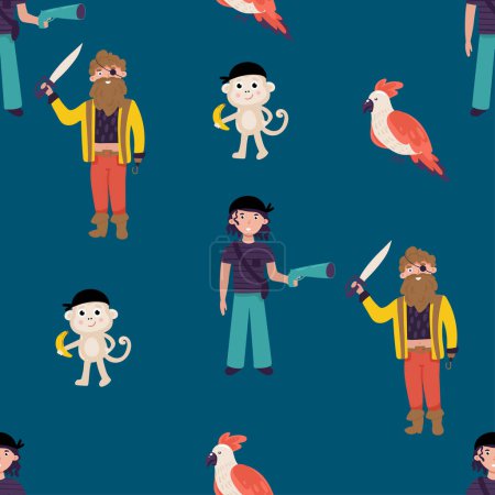 Illustration for Seamless pattern with cute kid boy pirate. Cartoon child holding sword. Treasure hunt texture background. Preschooler in a pirate costume. Flat vector illustration. - Royalty Free Image