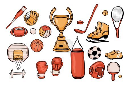 Ilustración de Equipamiento deportivo. Conjunto de iconos vectoriales de inventario deportivo con pelotas de voleibol, béisbol, fútbol y tenis, pelota de golf, billar, raqueta, bolos. Herramientas de gimnasio fitness. Equipo juego, - Imagen libre de derechos