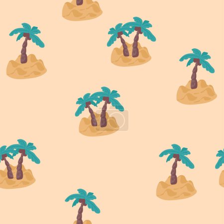 Ilustración de Hawai Tropical Flamingo Island Vector Illustration patrón sin costuras en fondo amarillo fondo de pantalla, Palm Island con Flamingo Animal - Imagen libre de derechos