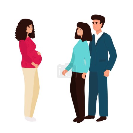 Illustration for Couple with Surrogate Pregnant woman. Vector illustration flat cartoon style with hand drawn lettering. Adoptive parents. Surrogacy. EPS10 - Royalty Free Image