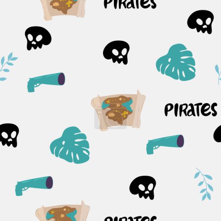 Illustration for Pirate sea flat vector seamless pattern. Sailing backdrop. Anchor, map, compass, spyglass, bottle with rum and steering wheel on white background. Black pirate flag with crossed bones texture. - Royalty Free Image
