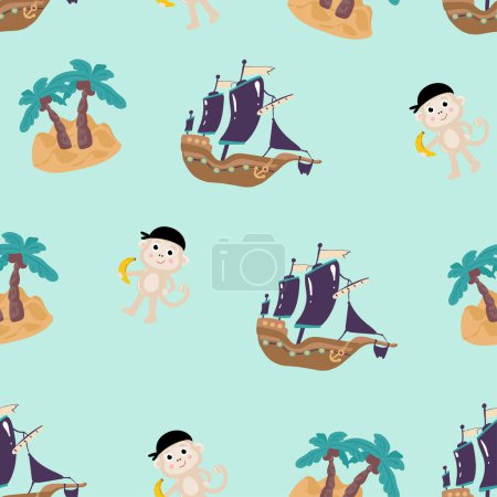 Illustration for Seamless pattern with cute kid boy pirate. Cartoon child holding sword. Treasure hunt texture background. Preschooler in a pirate costume. Flat vector illustration - Royalty Free Image