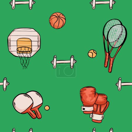 Illustration for Hand drawn sketch sport seamless vector pattern with sports equipment. - Royalty Free Image