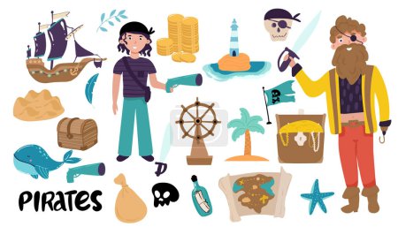 Illustration for Collection of adorable pirates, sail ship, mermaids, sea fish and underwater creatures, treasure chest, lighthouse isolated on white background. Childish vector illustration in flat cartoon style, - Royalty Free Image