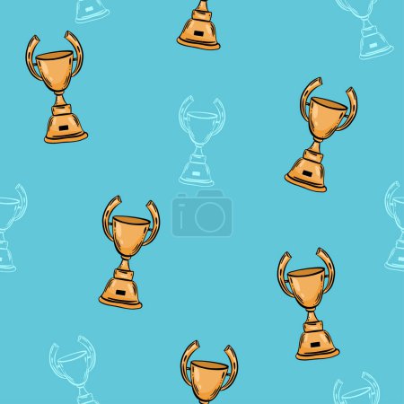 Illustration for Green line Award cup icon isolated seamless pattern on blue background. Winner trophy symbol. Championship or competition trophy. Sports achievement sign. Vector - Royalty Free Image