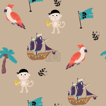 Illustration for Seamless pattern with cute pirate. Cartoon child holding sword. Treasure hunt texture background. Preschooler in a pirate costume. Flat vector illustration - Royalty Free Image