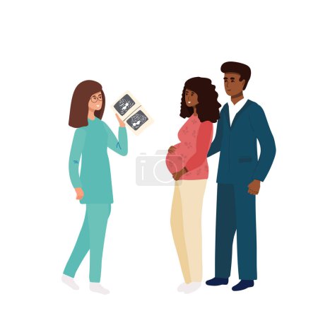 Téléchargez les illustrations : Pregnancy healthcare and support concept. Set of pregnant woman feeling pain in back looking at ultrasound from doctor crying after losing baby feeling happy knowing of pregnancy vector illustration - en licence libre de droit