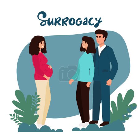 Couple with Surrogate Pregnant woman. Vector illustration flat cartoon style with hand drawn lettering. Adoptive parents. Surrogacy. EPS10