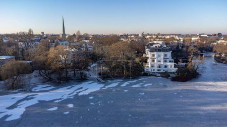 Aerial view of the ice-covered mouth of the Alster in Hamburg