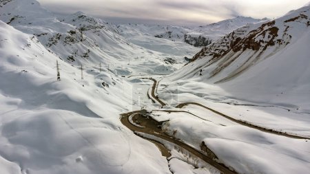 Aerial view of the top of the Swiss Julier Pass in March